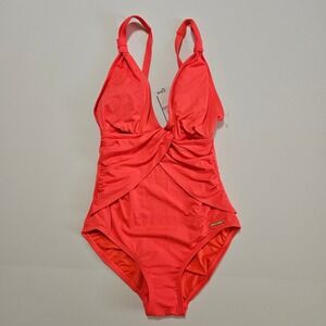Vince Camuto Hot Coral Twist Front One Piece Swimsuit V77702 Womens Size 6 NWT
